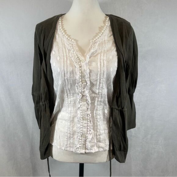 Monsoon olive green cardigan sweater over white button down cotton top size 6 - Picture 1 of 7